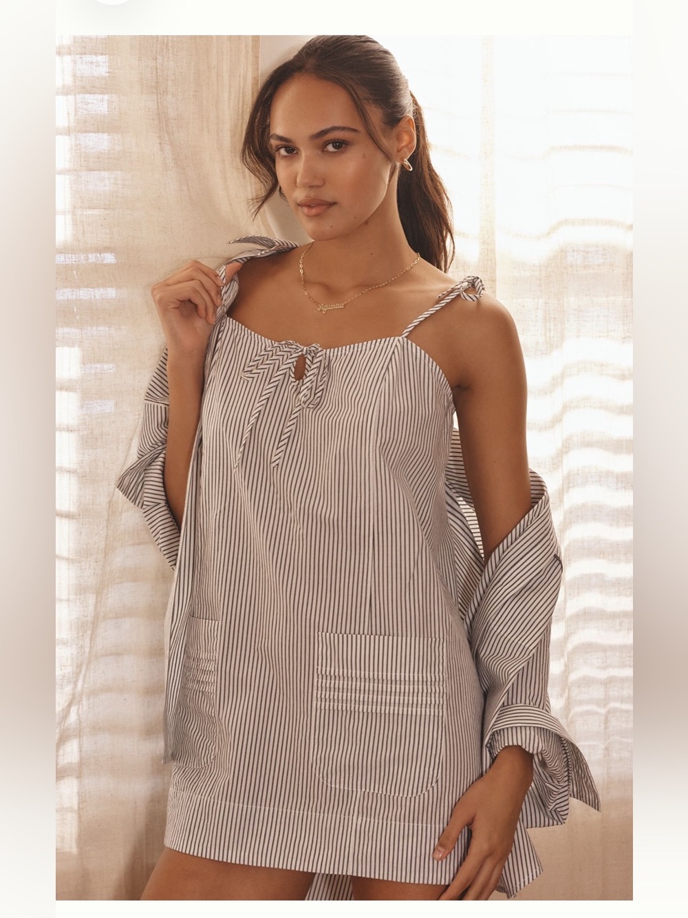 Anthropologie Mini Shift Dress-Striped Tie-Shoulder - White